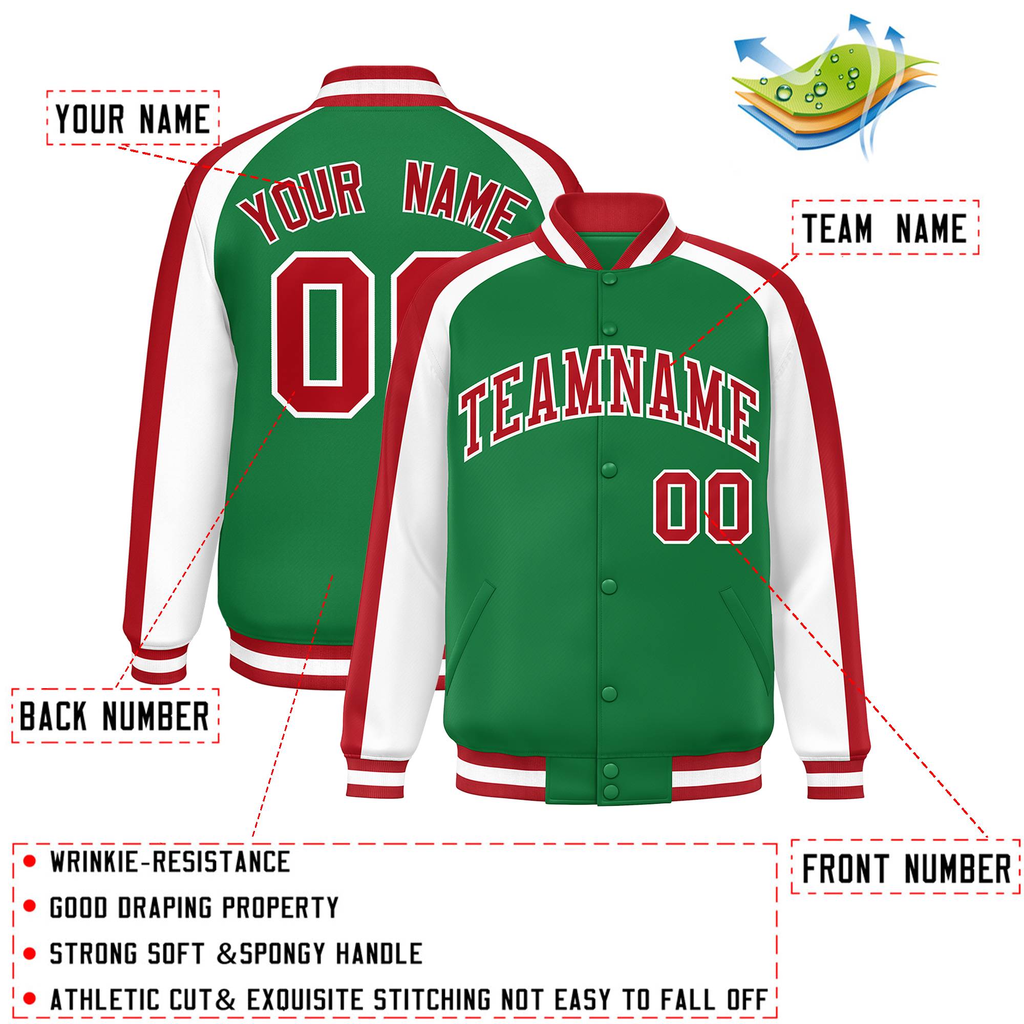 Custom Kelly Green White Varsity Full-Snap Color Block Personalized Raglan Sleeves Letterman Jacket