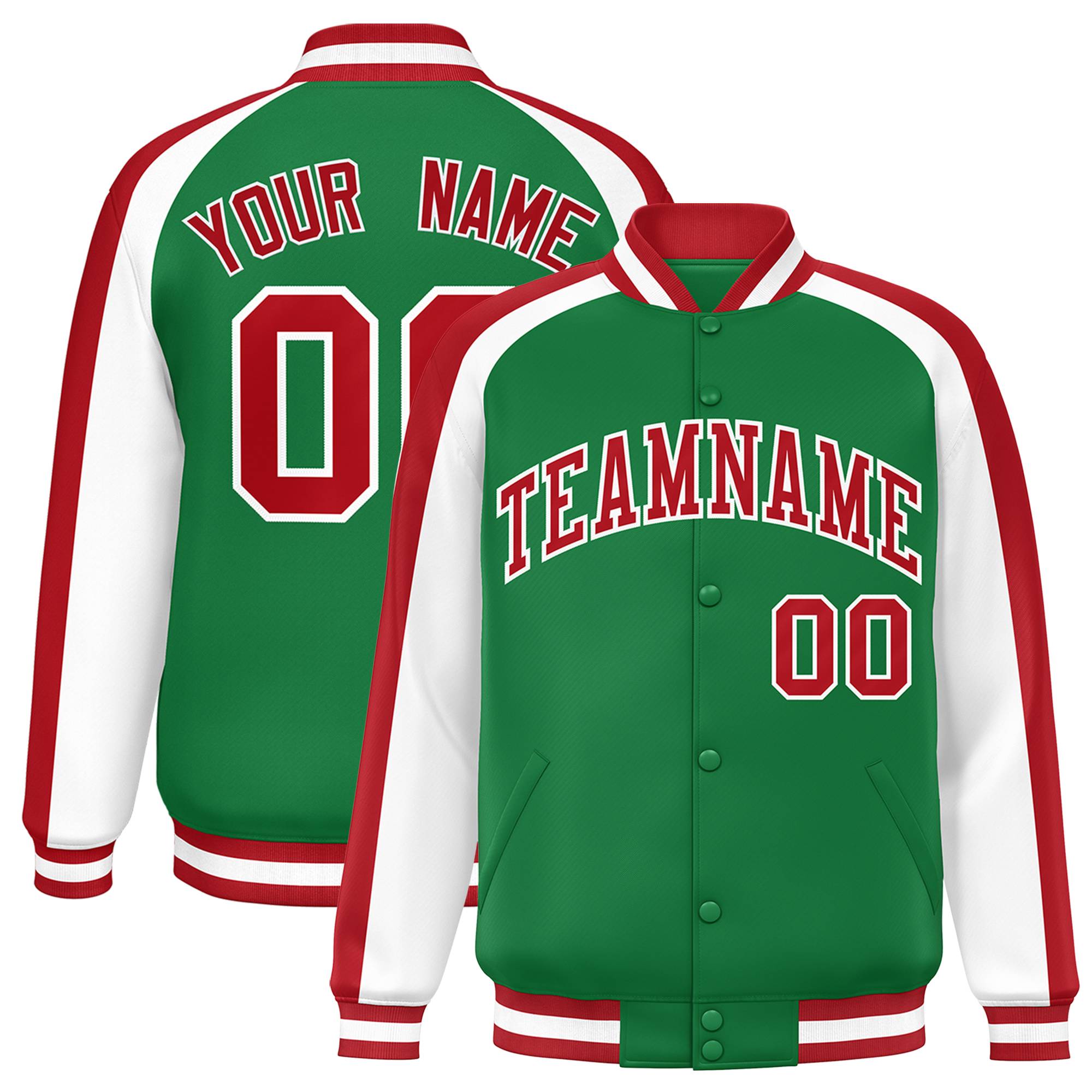 Custom Kelly Green White Varsity Full-Snap Color Block Personalized Raglan Sleeves Letterman Jacket