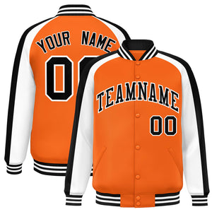 Custom Orange White Varsity Full-Snap Color Block Personalized Raglan Sleeves Letterman Jacket