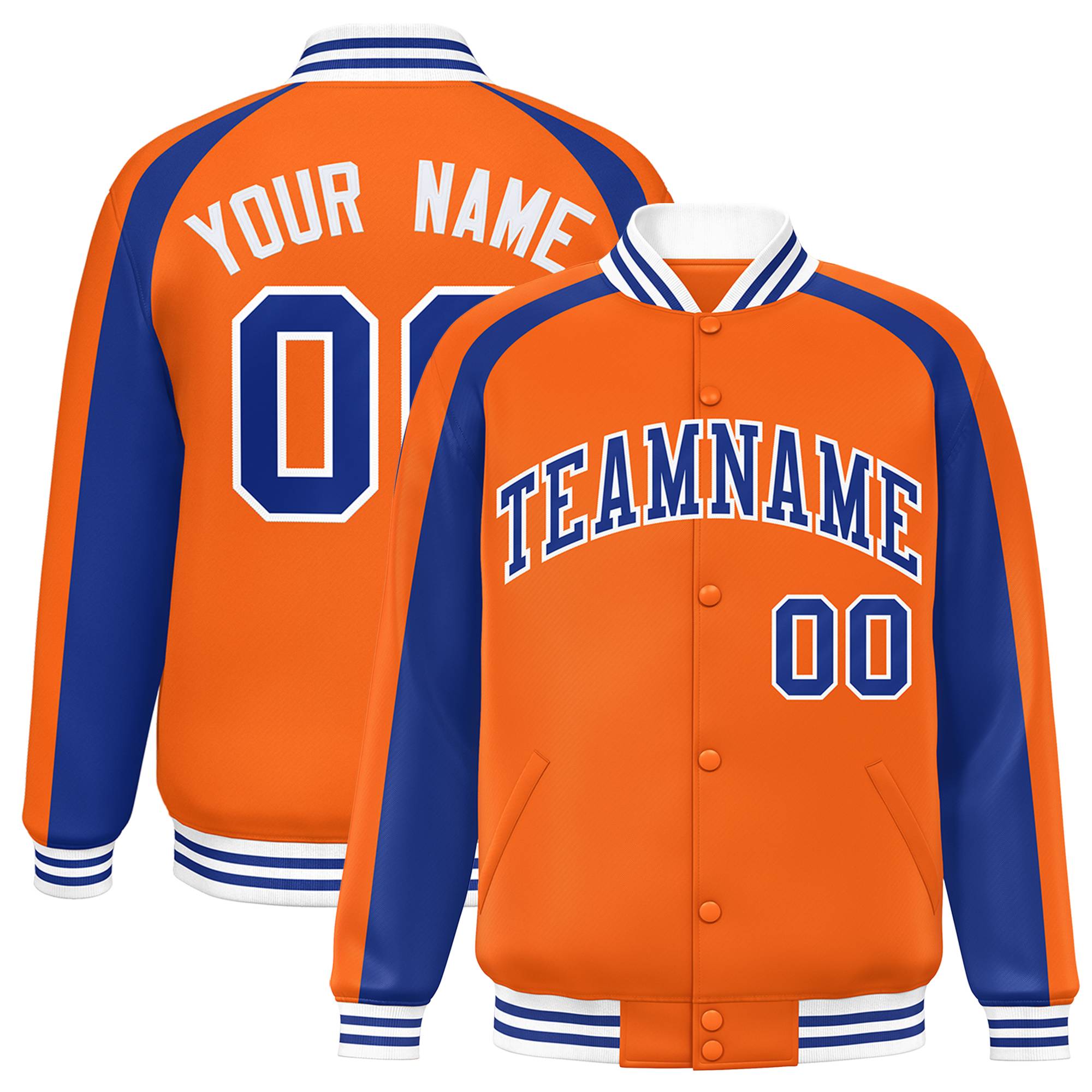 Custom Orange Royal Varsity Full-Snap Color Block Personalized Raglan Sleeves Letterman Jacket