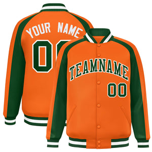 Custom Orange Green Varsity Full-Snap Color Block Personalized Raglan Sleeves Letterman Jacket