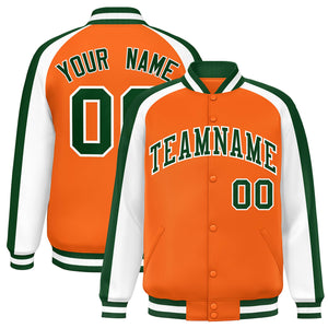 Custom Orange White Varsity Full-Snap Color Block Personalized Raglan Sleeves Letterman Jacket