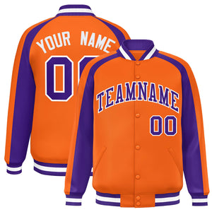 Custom Orange Purple Varsity Full-Snap Color Block Personalized Raglan Sleeves Letterman Jacket