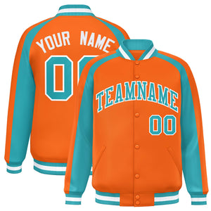 Custom Orange Aqua Varsity Full-Snap Color Block Personalized Raglan Sleeves Letterman Jacket