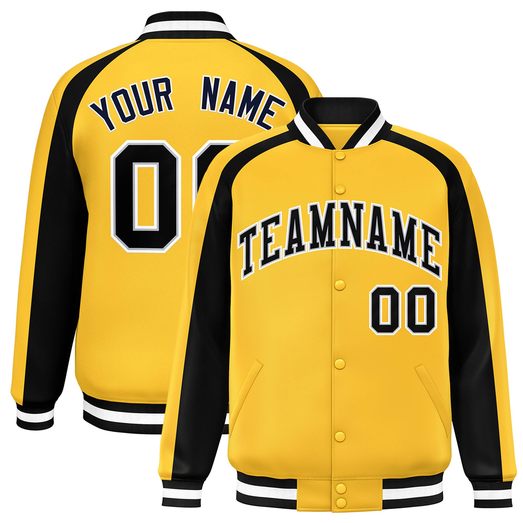 Custom Gold Black Varsity Full-Snap Color Block Personalized Raglan Sleeves Letterman Jacket