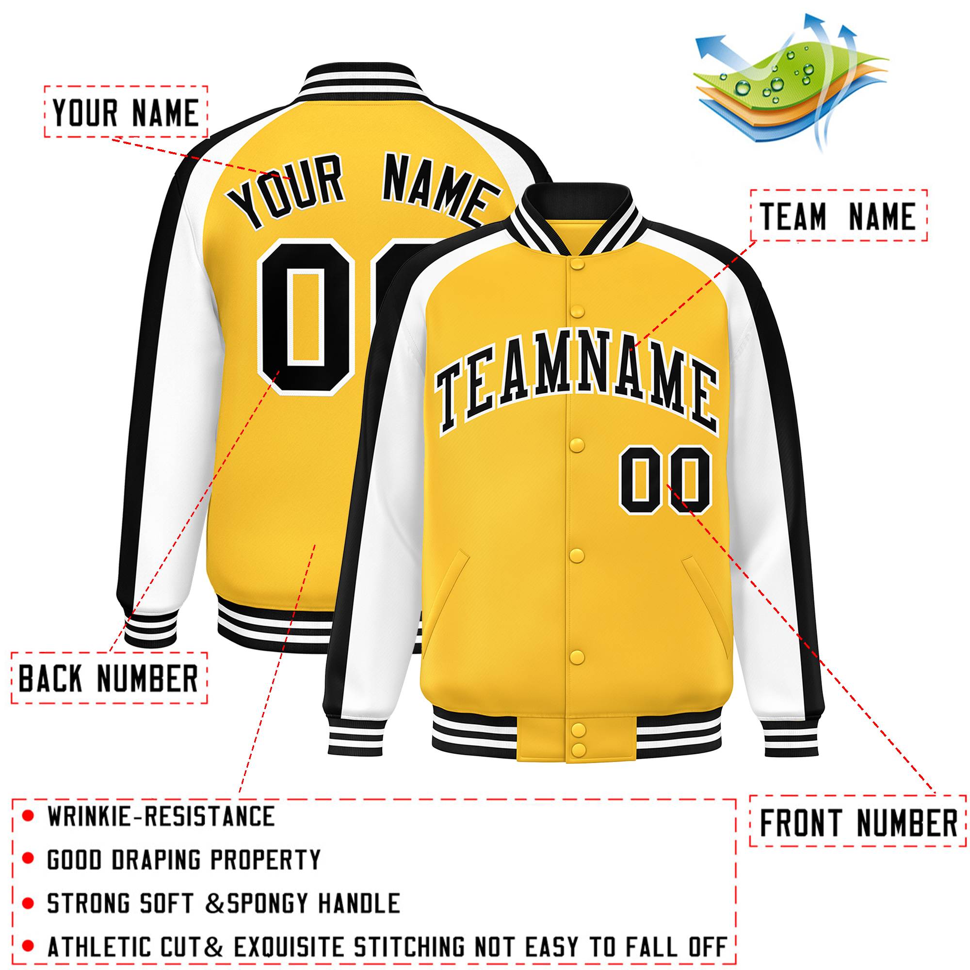 Custom Gold White Varsity Full-Snap Color Block Personalized Raglan Sleeves Letterman Jacket