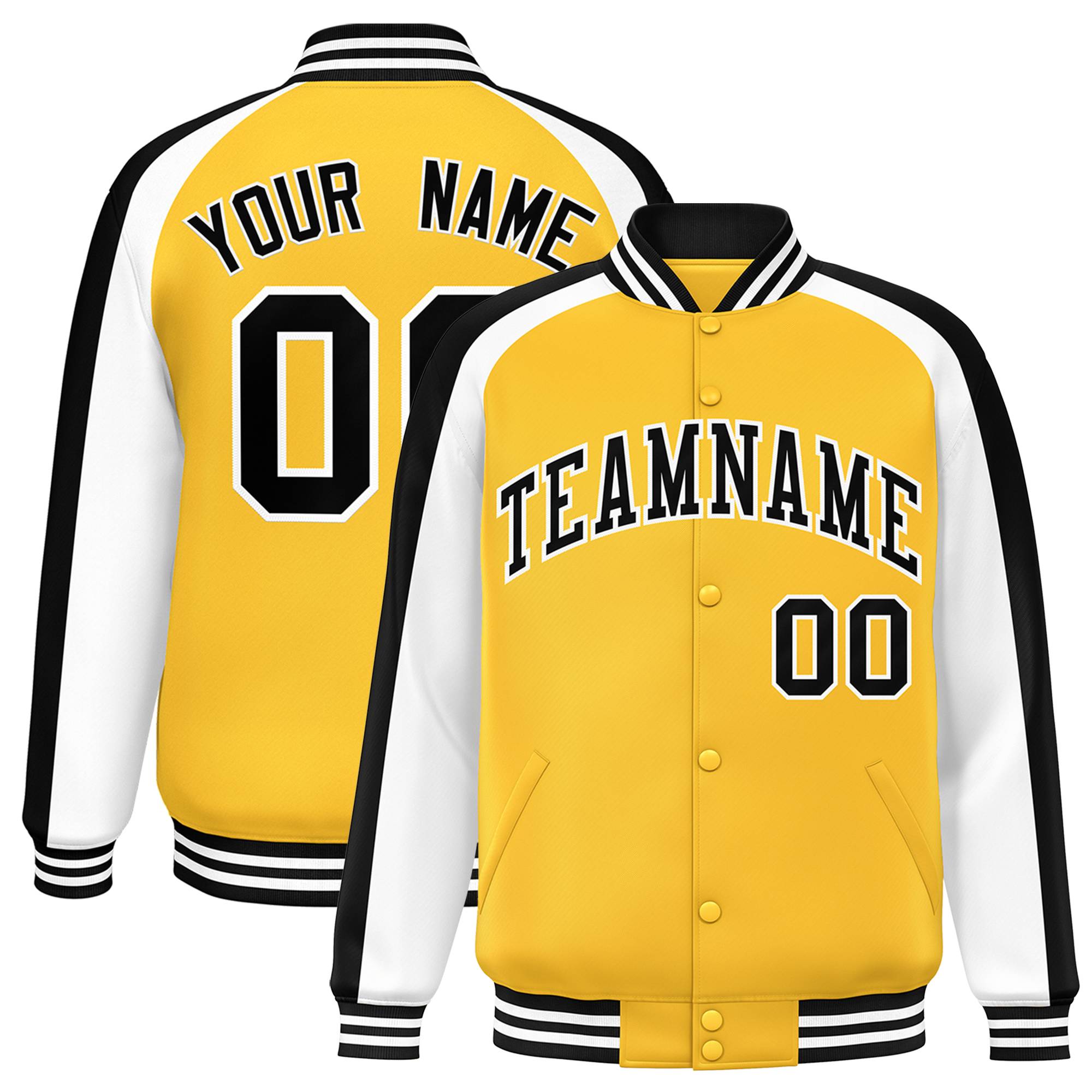 Custom Gold White Varsity Full-Snap Color Block Personalized Raglan Sleeves Letterman Jacket