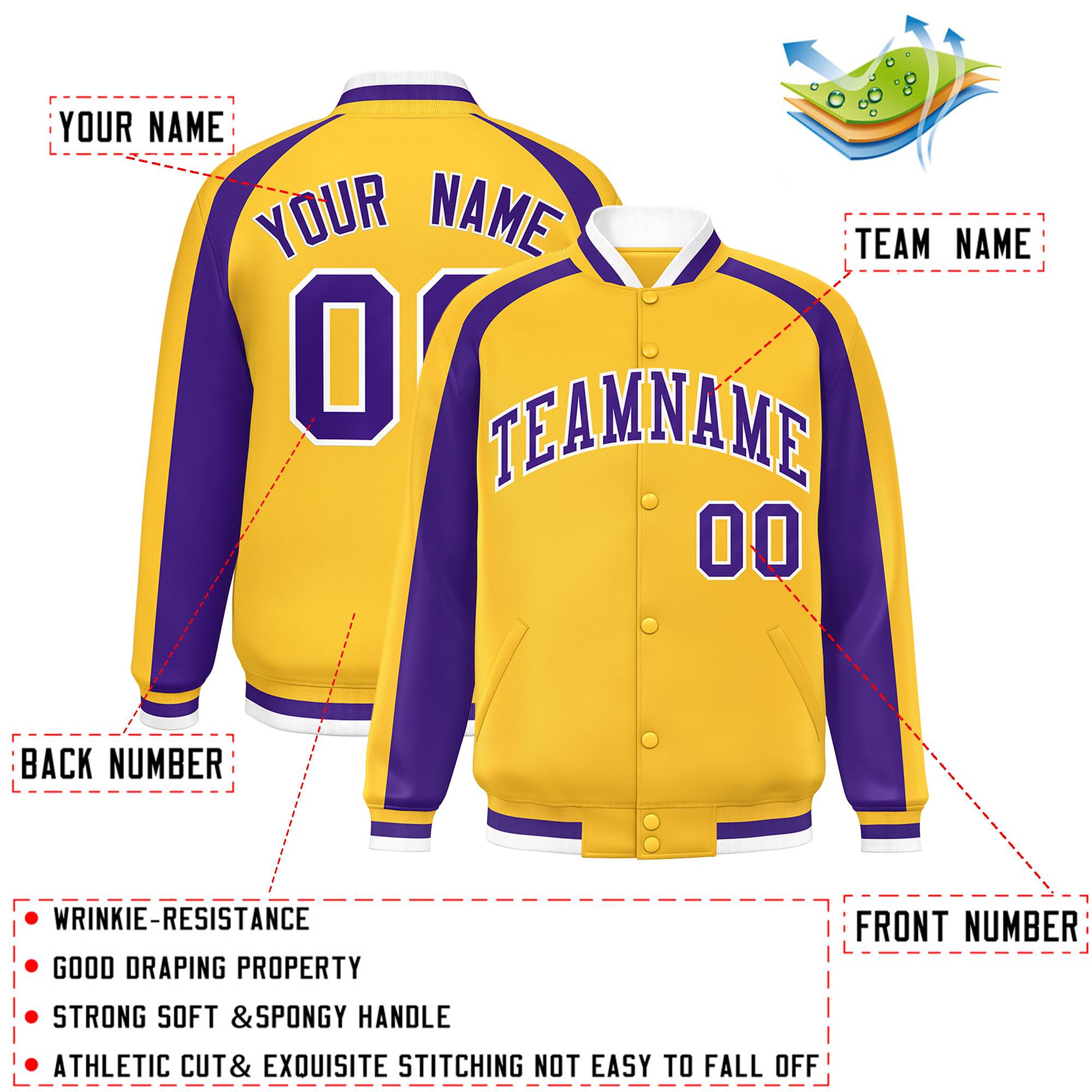 Custom Gold Purple Varsity Full-Snap Color Block Personalized Raglan Sleeves Letterman Jacket