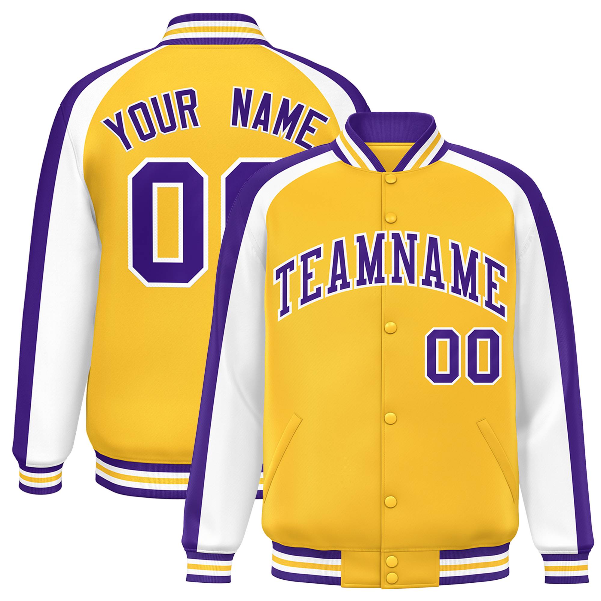 Custom Gold White Varsity Full-Snap Color Block Personalized Raglan Sleeves Letterman Jacket