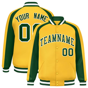 Custom Gold Green Varsity Full-Snap Color Block Personalized Raglan Sleeves Letterman Jacket