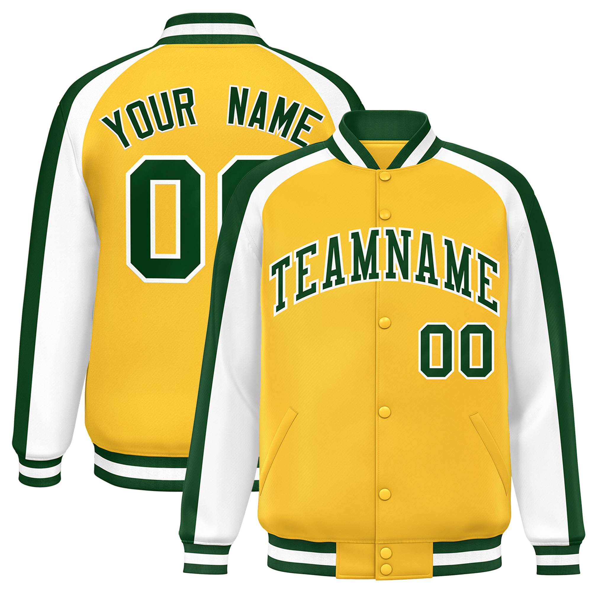 Custom Gold White Varsity Full-Snap Color Block Personalized Raglan Sleeves Letterman Jacket