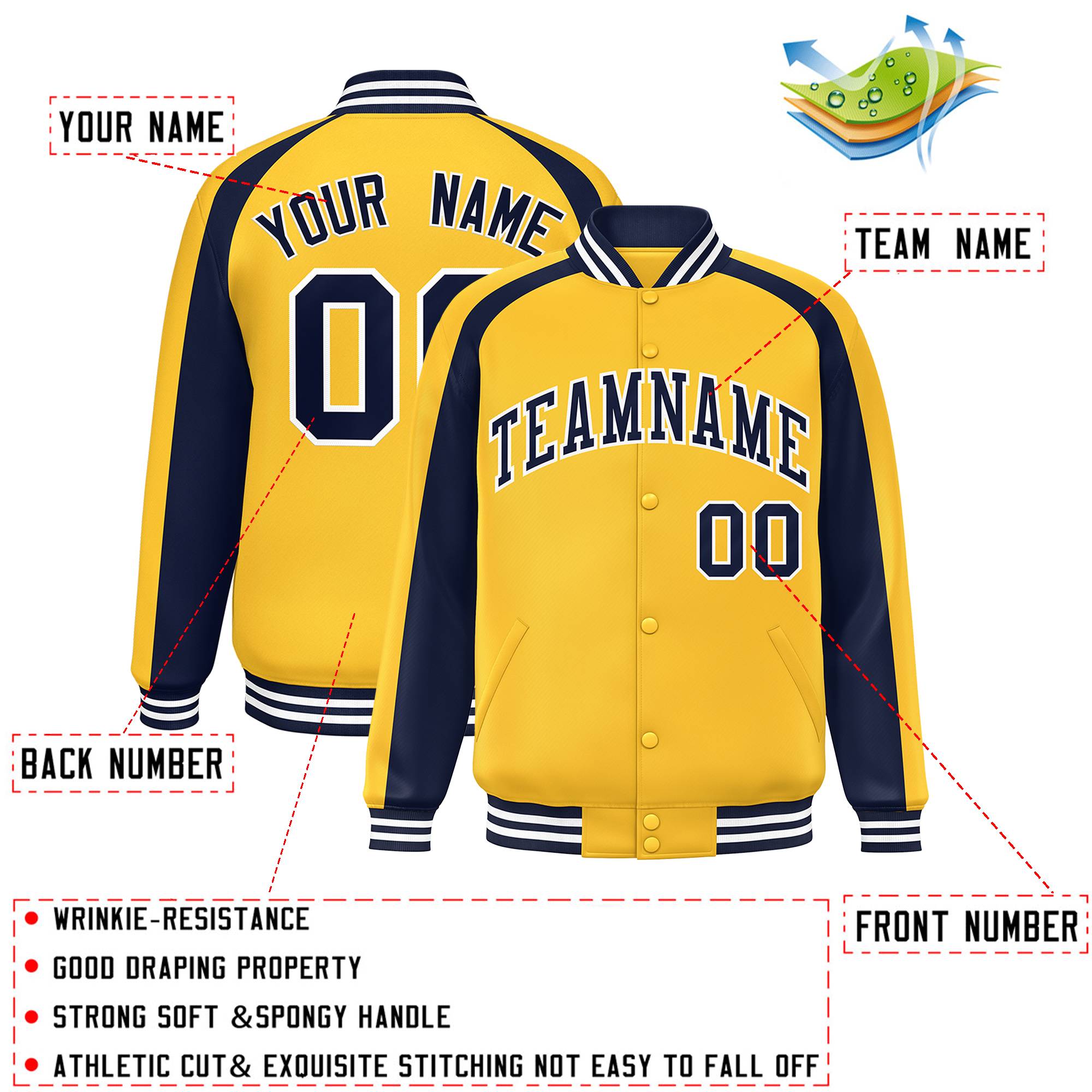 Custom Gold Navy Varsity Full-Snap Color Block Personalized Raglan Sleeves Letterman Jacket