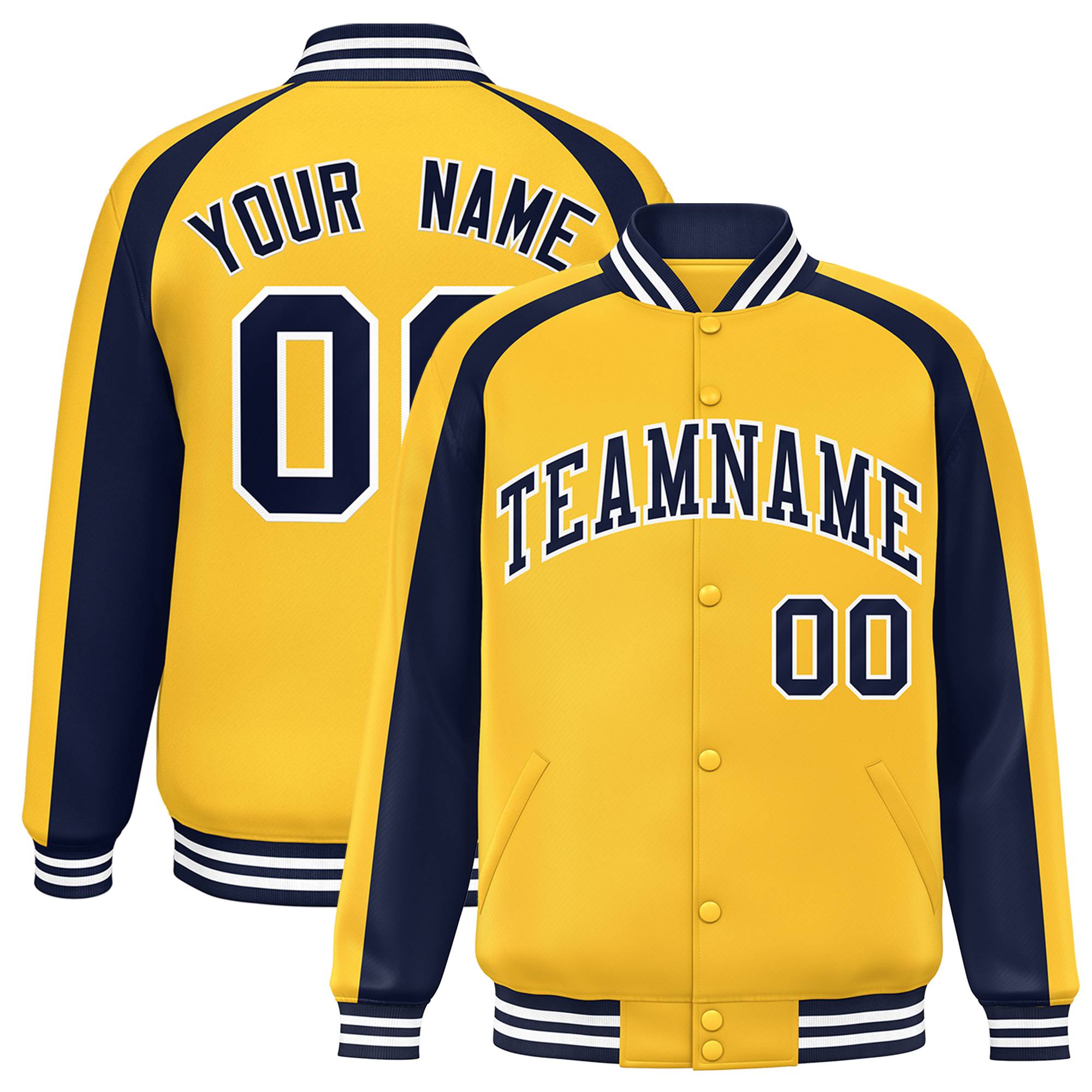 Custom Gold Navy Varsity Full-Snap Color Block Personalized Raglan Sleeves Letterman Jacket