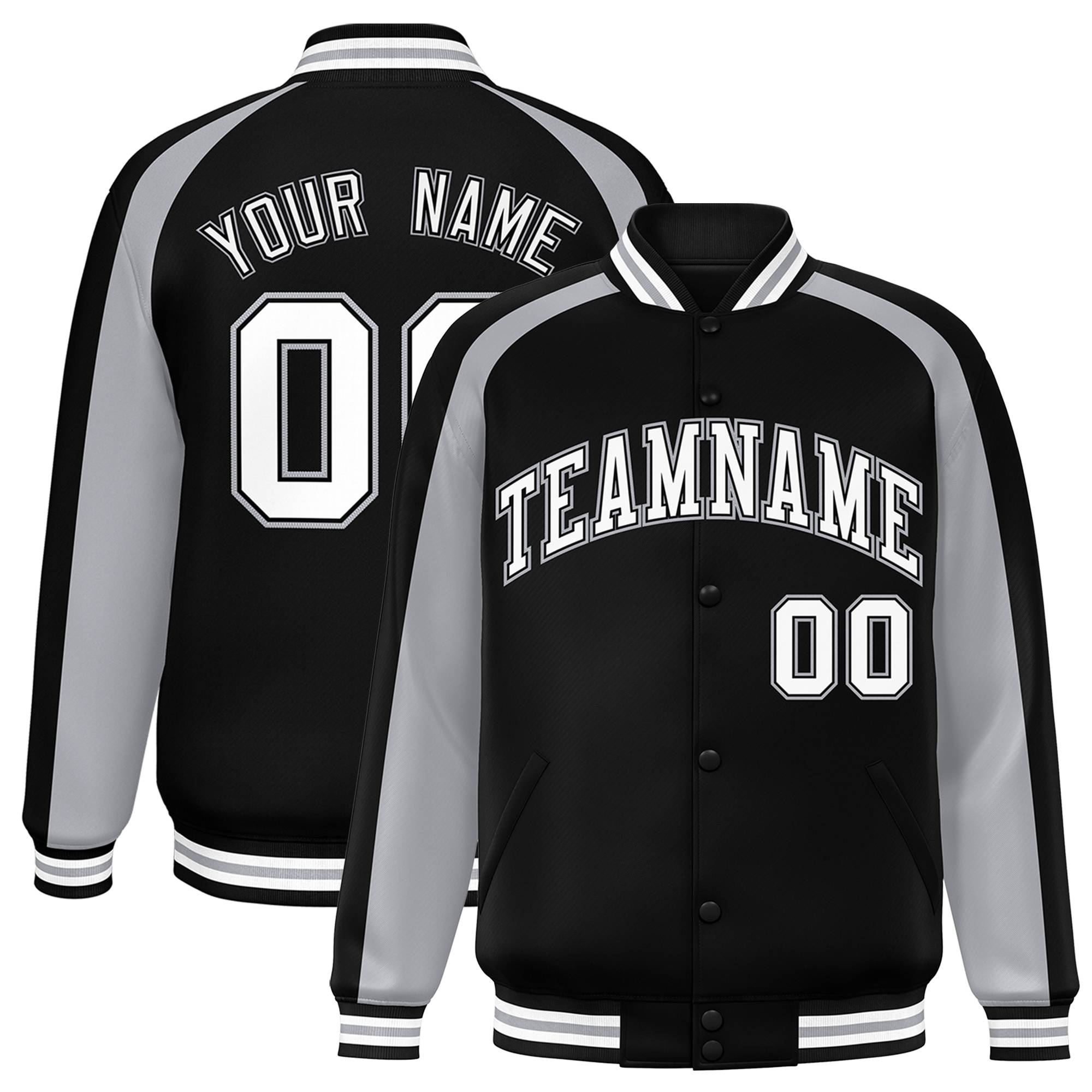 Custom Black Gray Varsity Full-Snap Color Block Personalized Raglan Sleeves Letterman Jacket