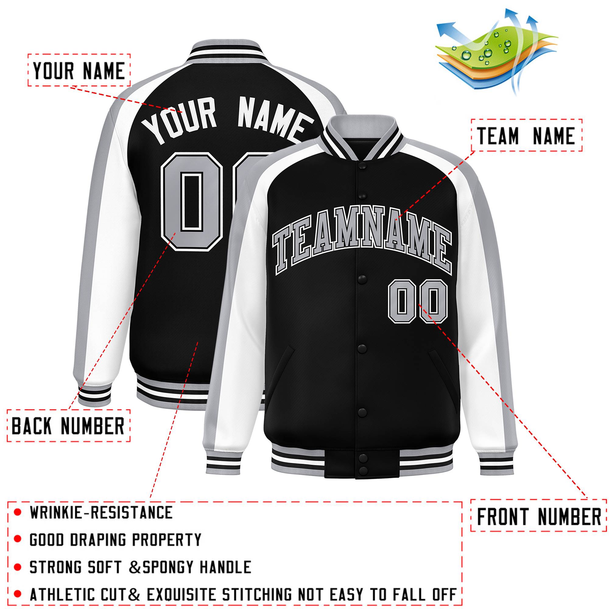 Custom Black White Varsity Full-Snap Color Block Personalized Raglan Sleeves Letterman Jacket