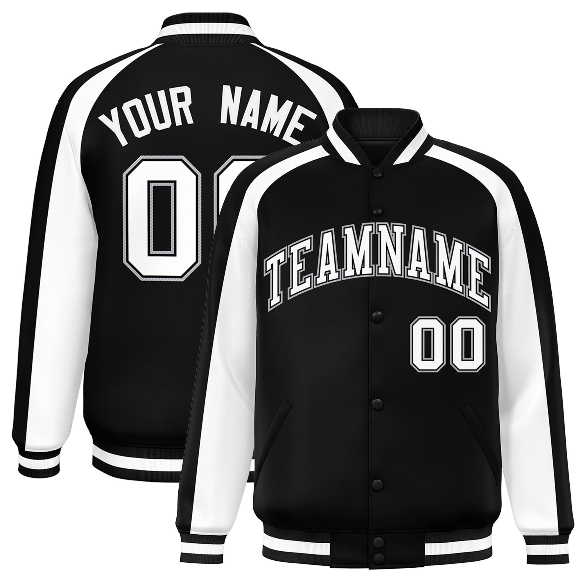 Custom Black White Varsity Full-Snap Color Block Personalized Raglan Sleeves Letterman Jacket