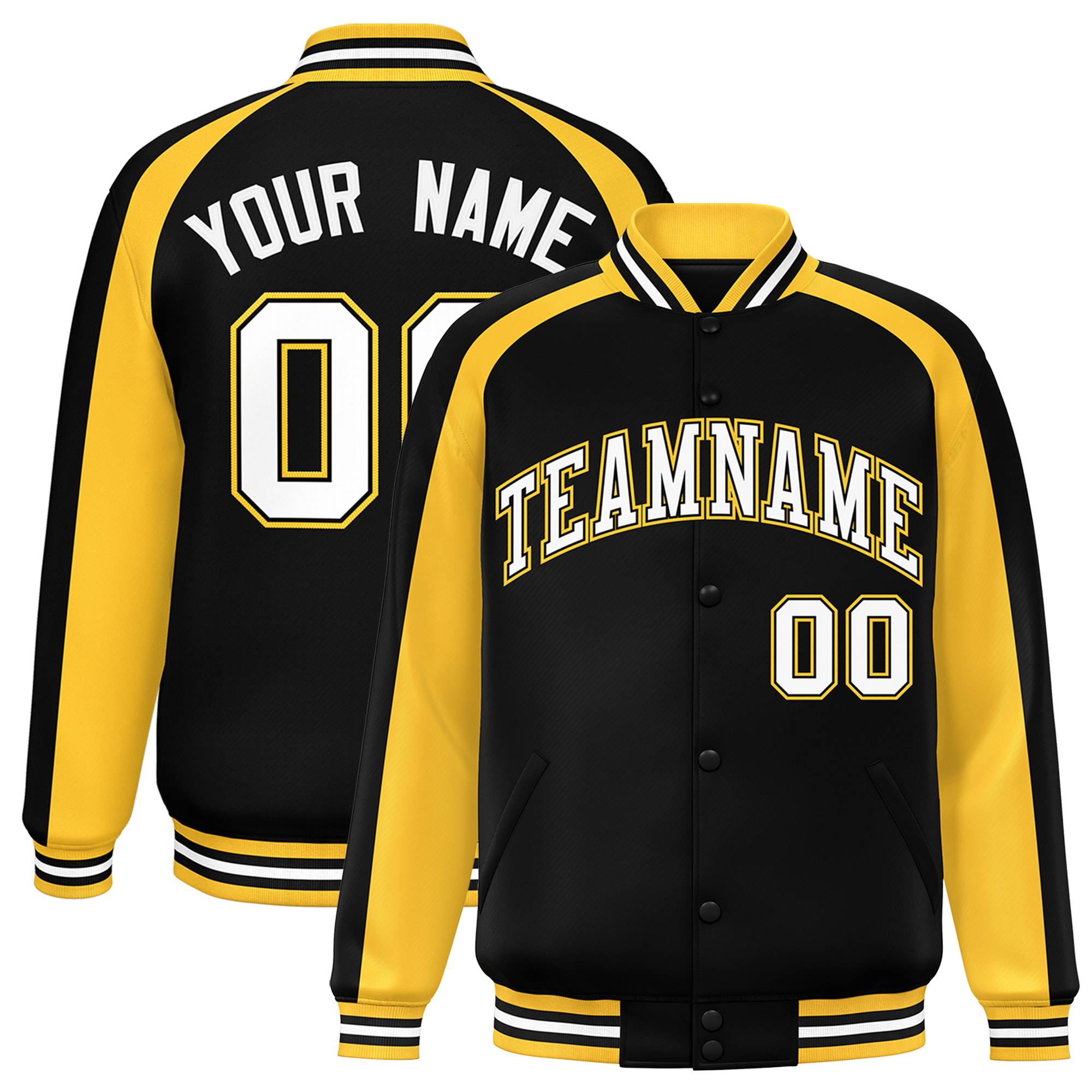 Custom Black Gold Varsity Full-Snap Color Block Personalized Raglan Sleeves Letterman Jacket