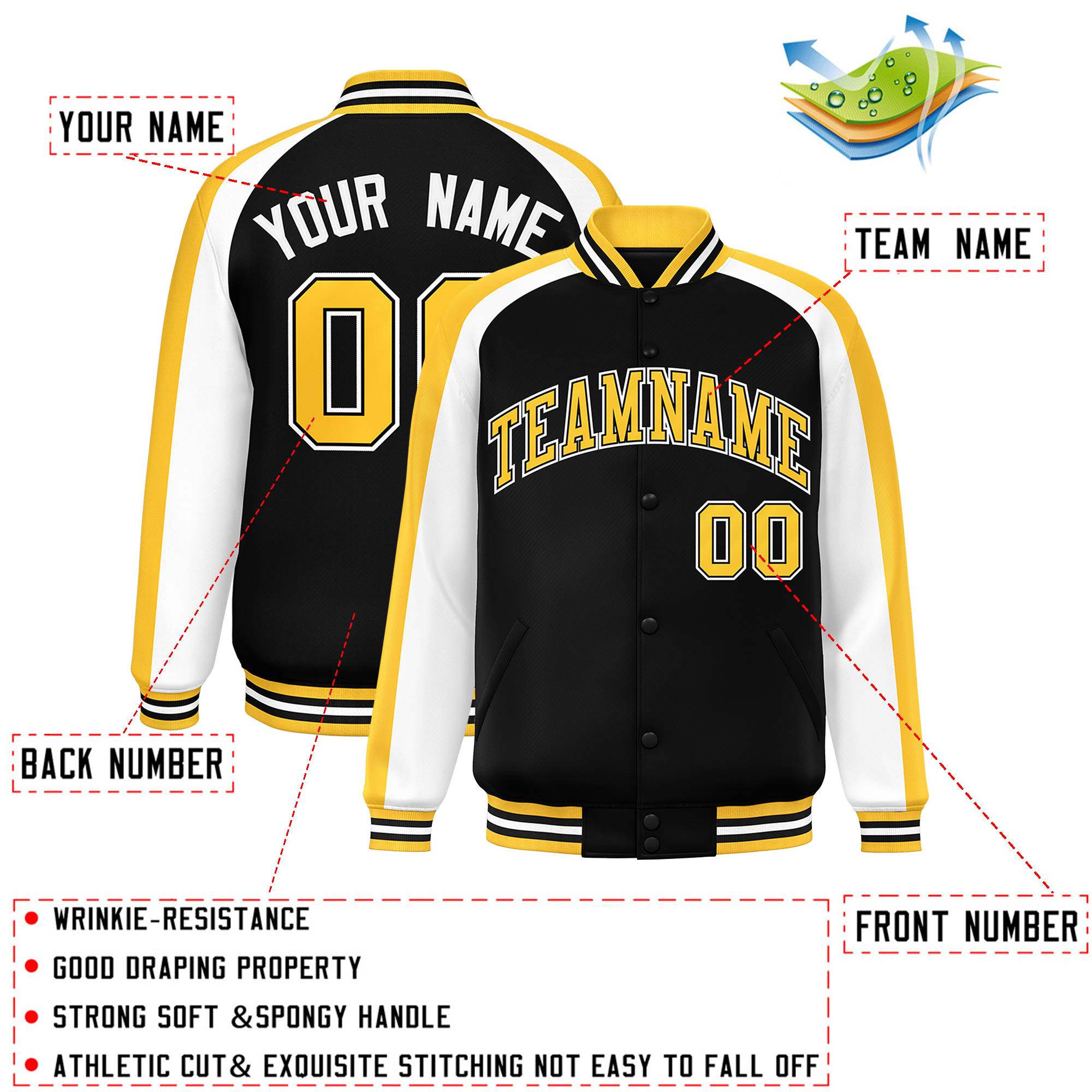 Custom Black White Varsity Full-Snap Color Block Personalized Raglan Sleeves Letterman Jacket