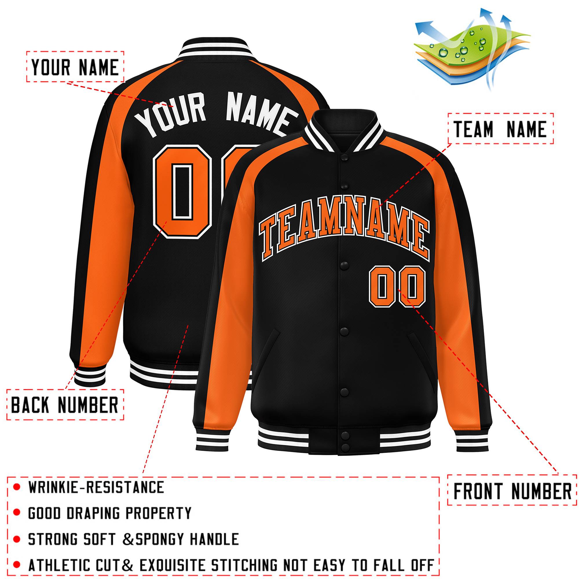 Custom Black Orange Varsity Full-Snap Color Block Personalized Raglan Sleeves Letterman Jacket