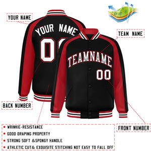 Custom Black Red Varsity Full-Snap Color Block Personalized Raglan Sleeves Letterman Jacket