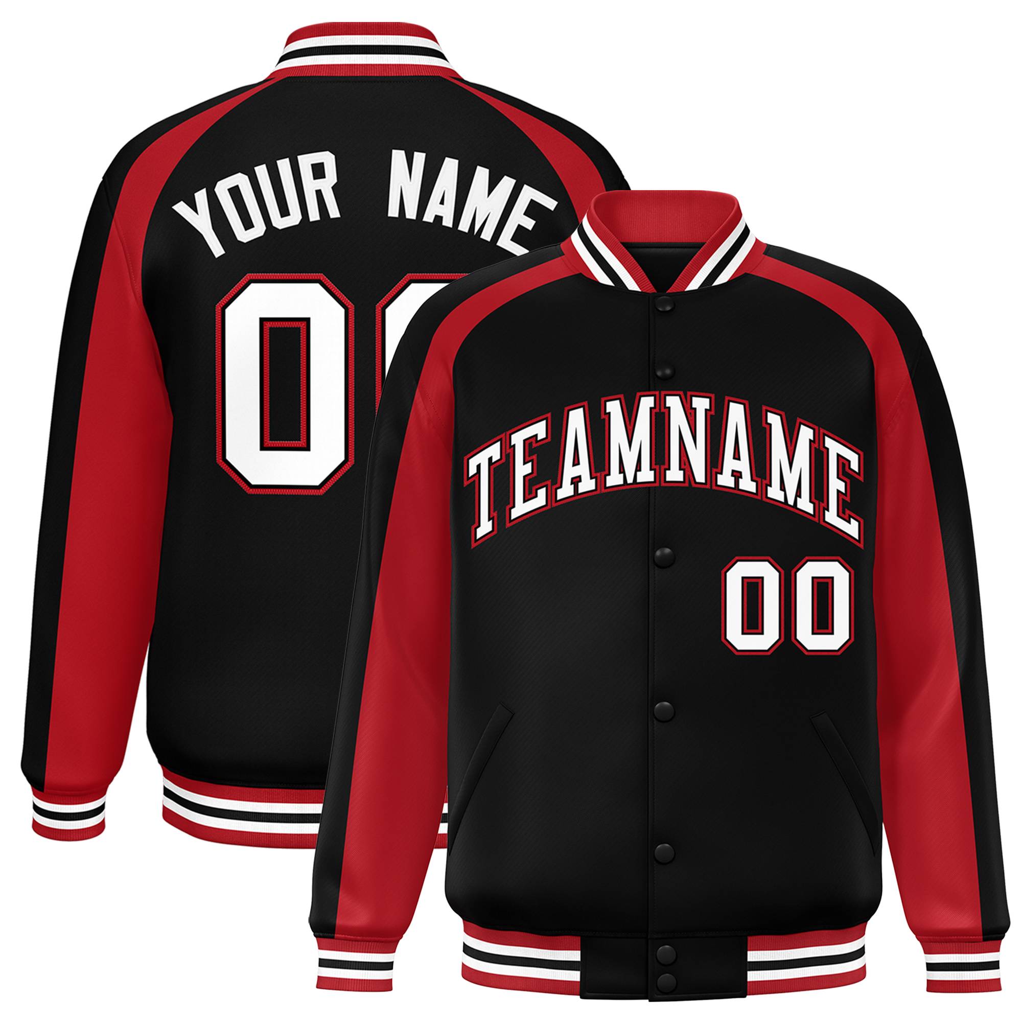 Custom Black Red Varsity Full-Snap Color Block Personalized Raglan Sleeves Letterman Jacket