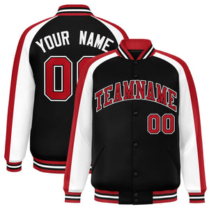 Custom Black White Varsity Full-Snap Color Block Personalized Raglan Sleeves Letterman Jacket