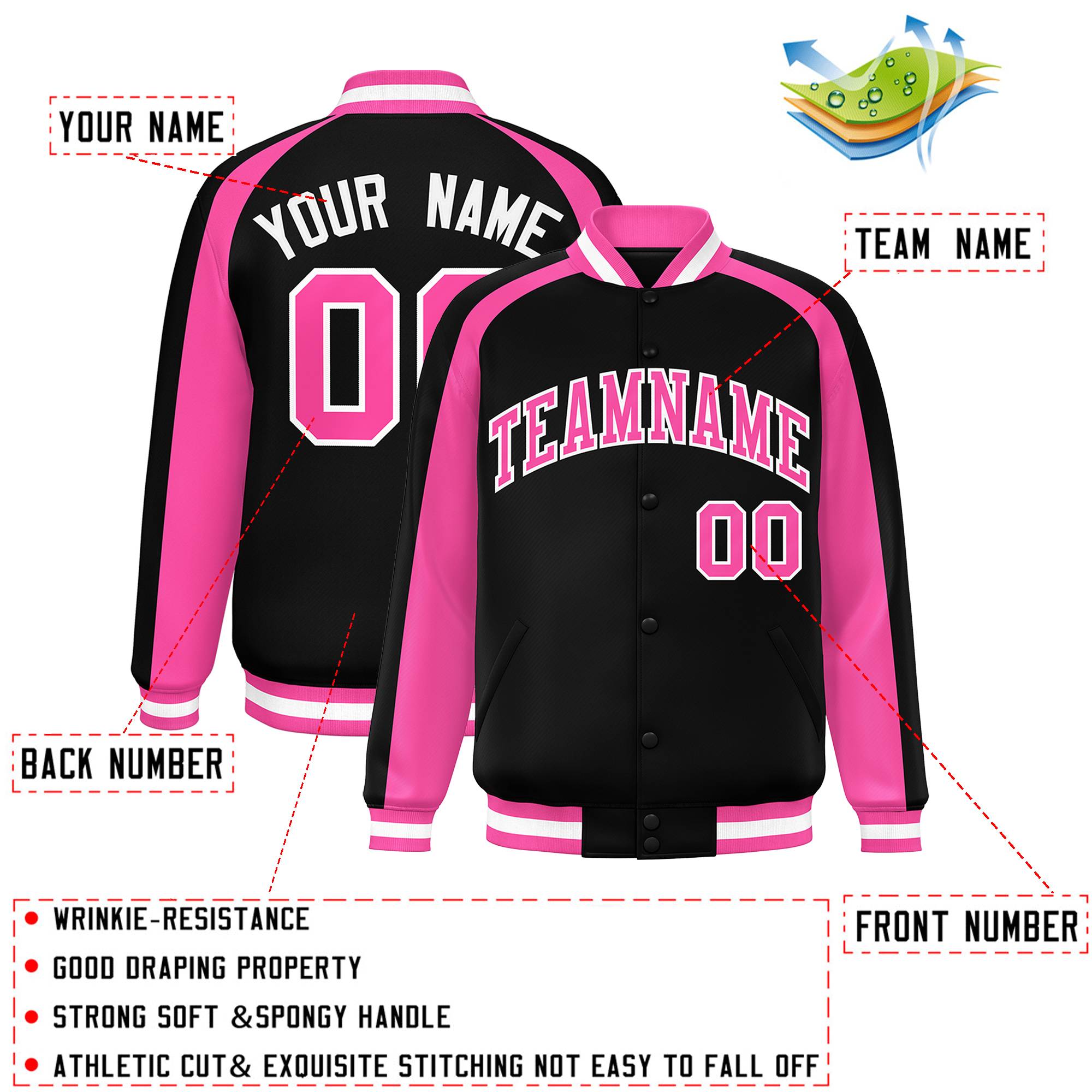 Custom Black Pink Varsity Full-Snap Color Block Personalized Raglan Sleeves Letterman Jacket