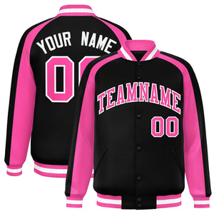 Custom Black Pink Varsity Full-Snap Color Block Personalized Raglan Sleeves Letterman Jacket