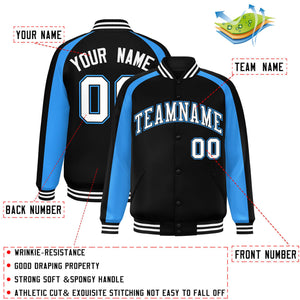 Custom Black Powder Blue Varsity Full-Snap Color Block Personalized Raglan Sleeves Letterman Jacket