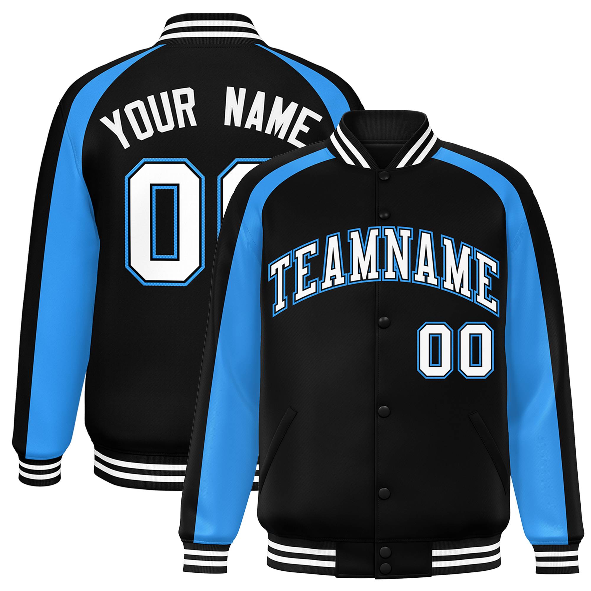 Custom Black Powder Blue Varsity Full-Snap Color Block Personalized Raglan Sleeves Letterman Jacket