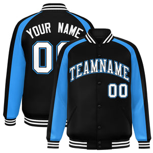 Custom Black Powder Blue Varsity Full-Snap Color Block Personalized Raglan Sleeves Letterman Jacket