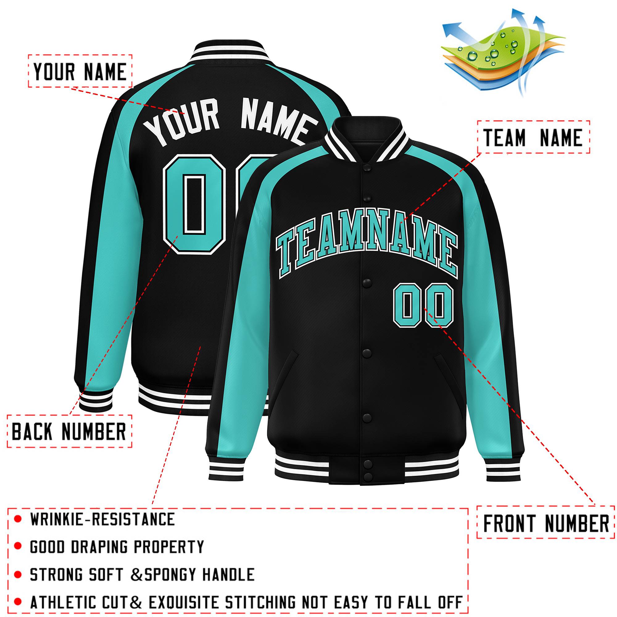 Custom Black Bright Green Varsity Full-Snap Color Block Personalized Raglan Sleeves Letterman Jacket