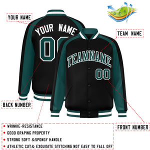 Custom Black Aqua Varsity Full-Snap Color Block Personalized Raglan Sleeves Letterman Jacket