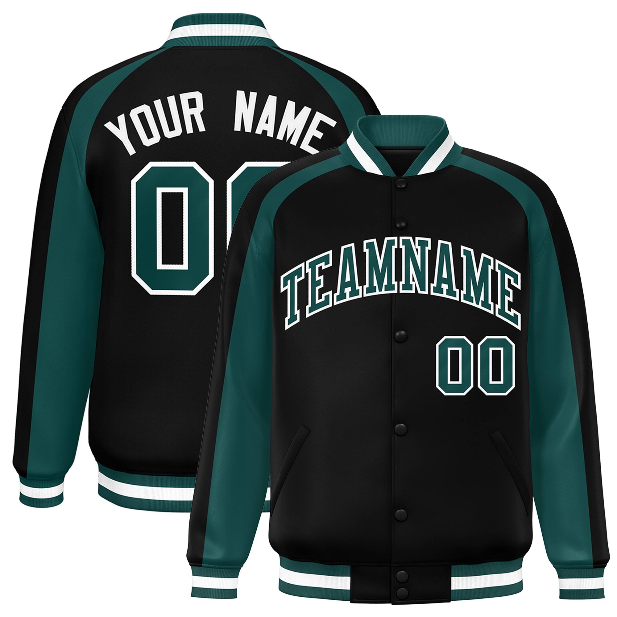 Custom Black Aqua Varsity Full-Snap Color Block Personalized Raglan Sleeves Letterman Jacket