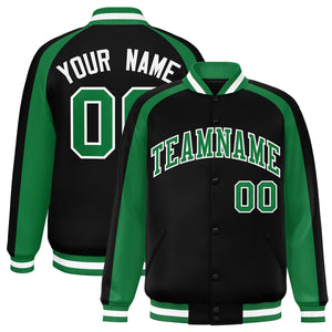 Custom Black Kelly Green Varsity Full-Snap Color Block Personalized Raglan Sleeves Letterman Jacket