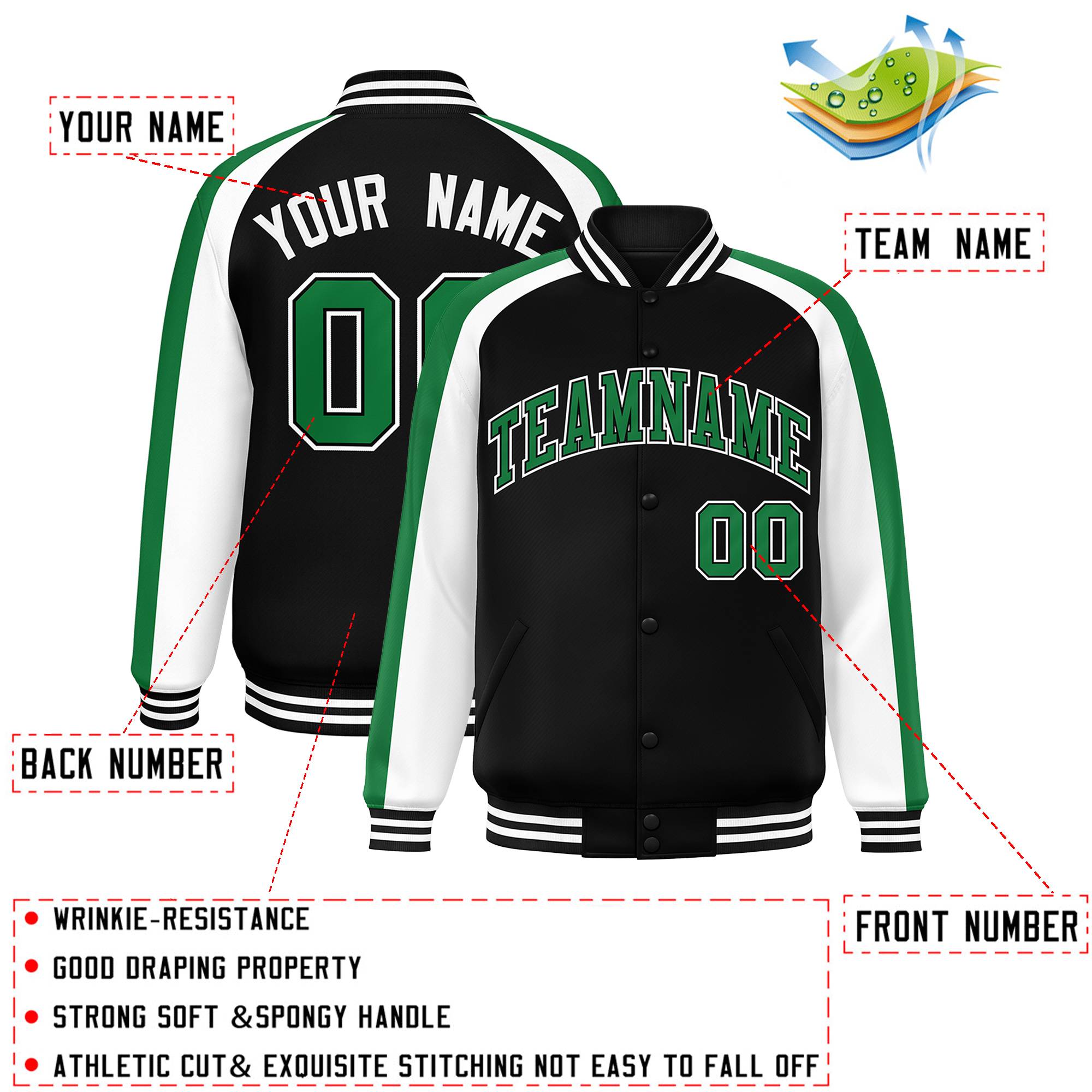 Custom Black White Varsity Full-Snap Color Block Personalized Raglan Sleeves Letterman Jacket