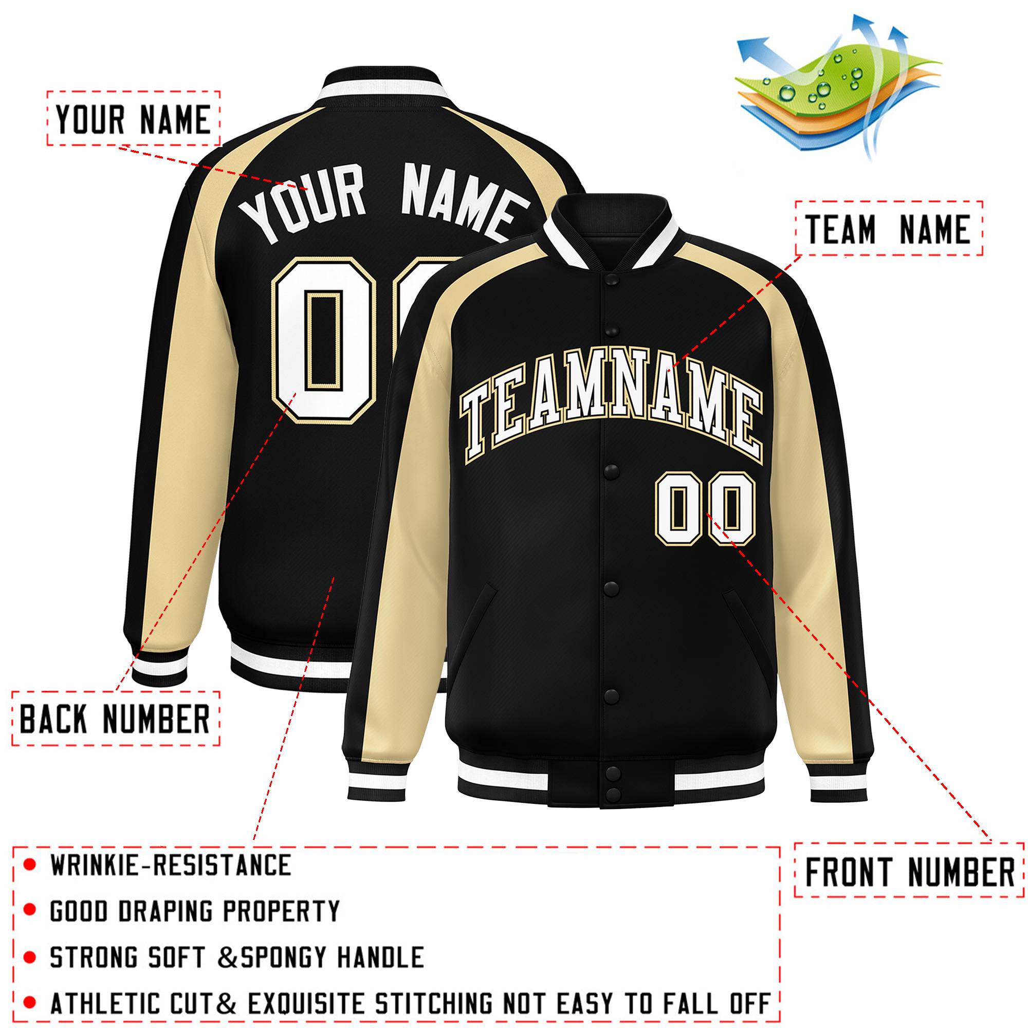 Custom Black Khaki Varsity Full-Snap Color Block Personalized Raglan Sleeves Letterman Jacket