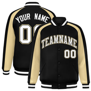 Custom Black Khaki Varsity Full-Snap Color Block Personalized Raglan Sleeves Letterman Jacket