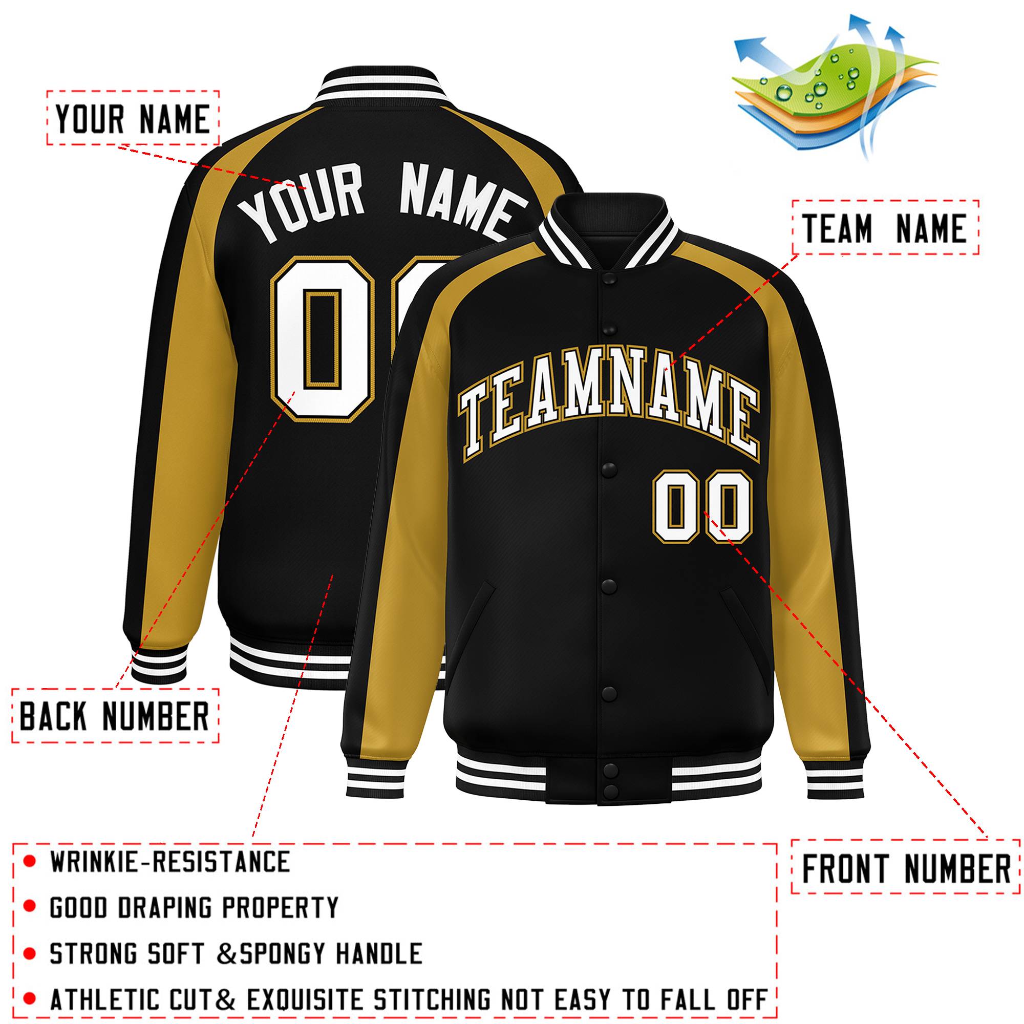 Custom Black Old Gold Varsity Full-Snap Color Block Personalized Raglan Sleeves Letterman Jacket