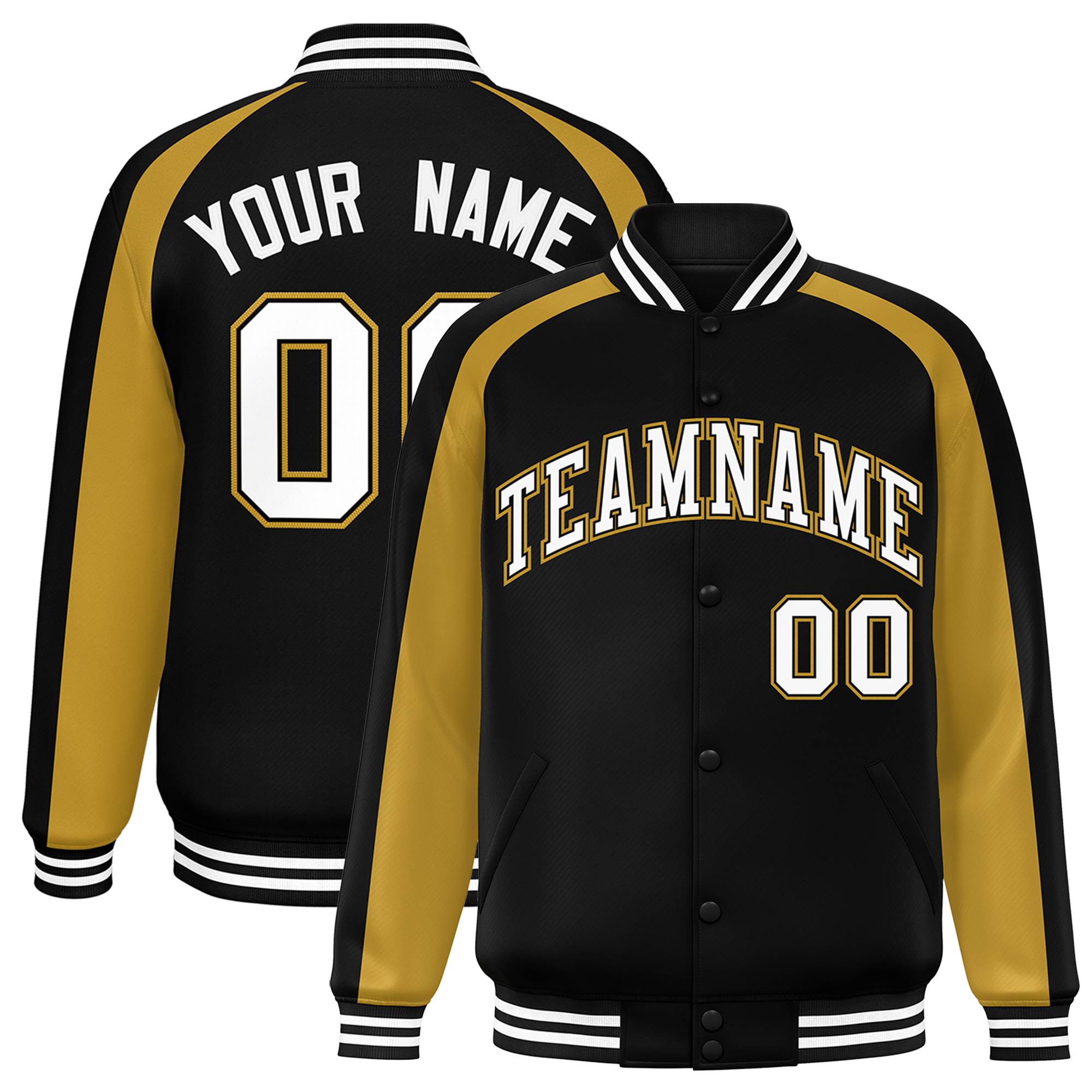 Custom Black Old Gold Varsity Full-Snap Color Block Personalized Raglan Sleeves Letterman Jacket