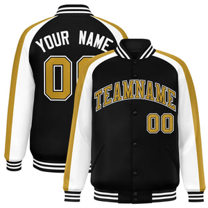 Custom Black White Varsity Full-Snap Color Block Personalized Raglan Sleeves Letterman Jacket