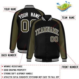 Custom Black Olive Varsity Full-Snap Color Block Personalized Raglan Sleeves Letterman Jacket