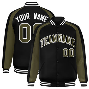 Custom Black Olive Varsity Full-Snap Color Block Personalized Raglan Sleeves Letterman Jacket