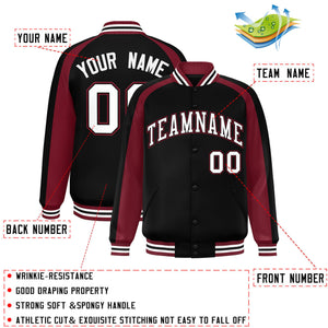 Custom Black Crimson Varsity Full-Snap Color Block Personalized Raglan Sleeves Letterman Jacket