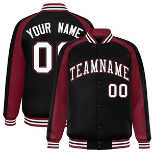 Custom Black Crimson Varsity Full-Snap Color Block Personalized Raglan Sleeves Letterman Jacket