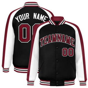 Custom Black White Varsity Full-Snap Color Block Personalized Raglan Sleeves Letterman Jacket