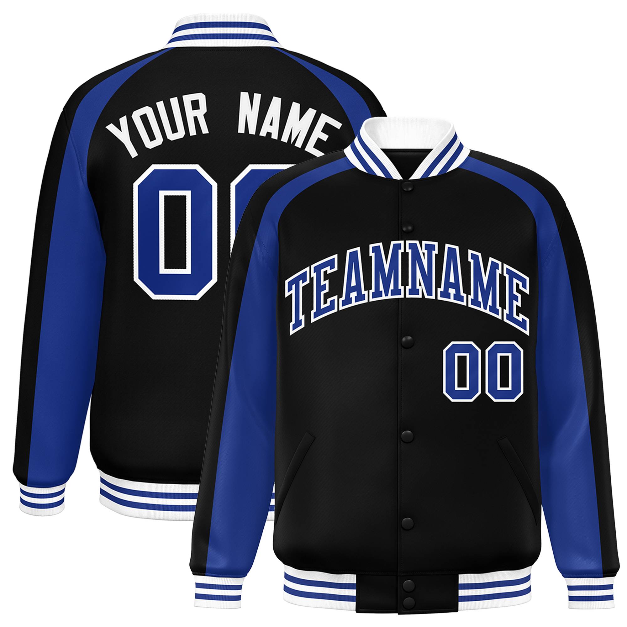 Custom Black Royal Varsity Full-Snap Color Block Personalized Raglan Sleeves Letterman Jacket