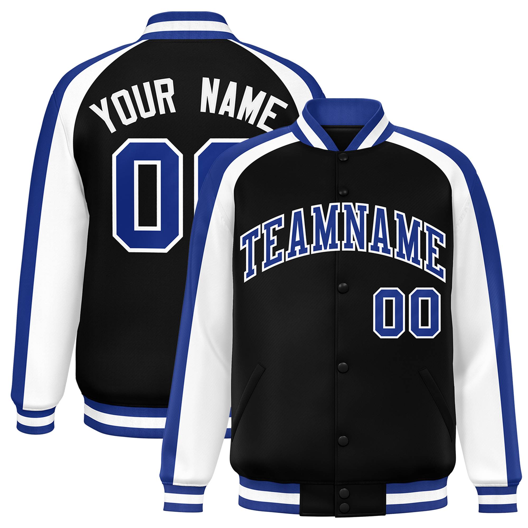 Custom Black White Varsity Full-Snap Color Block Personalized Raglan Sleeves Letterman Jacket