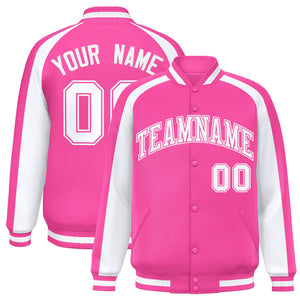 Custom Pink White Varsity Full-Snap Color Block Personalized Raglan Sleeves Letterman Jacket