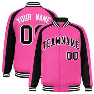 Custom Pink Black Varsity Full-Snap Color Block Personalized Raglan Sleeves Letterman Jacket